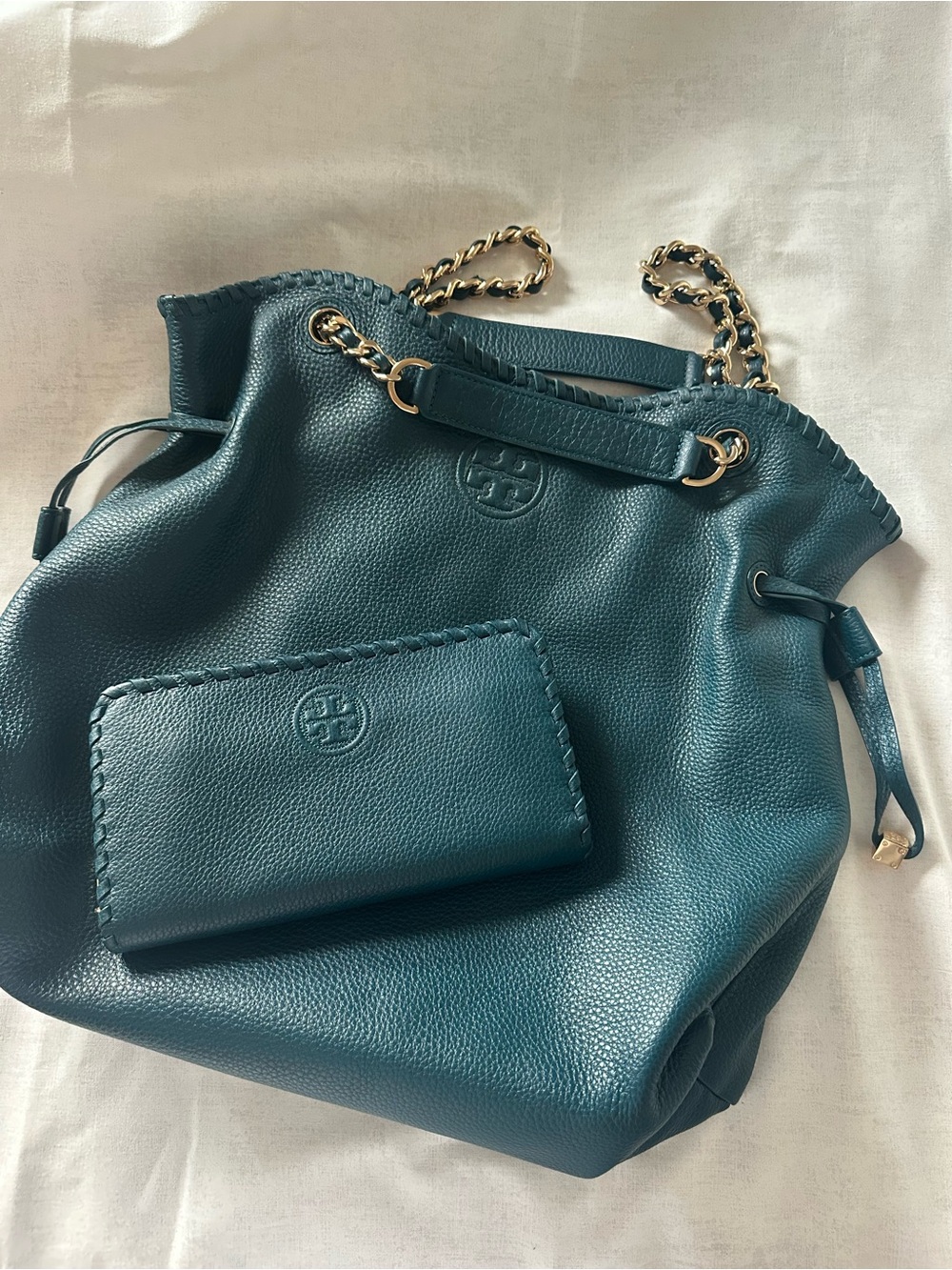 Tory Burch Marion Pebbled Leather Tall Slouchy Chain Tote Bag + Wallet